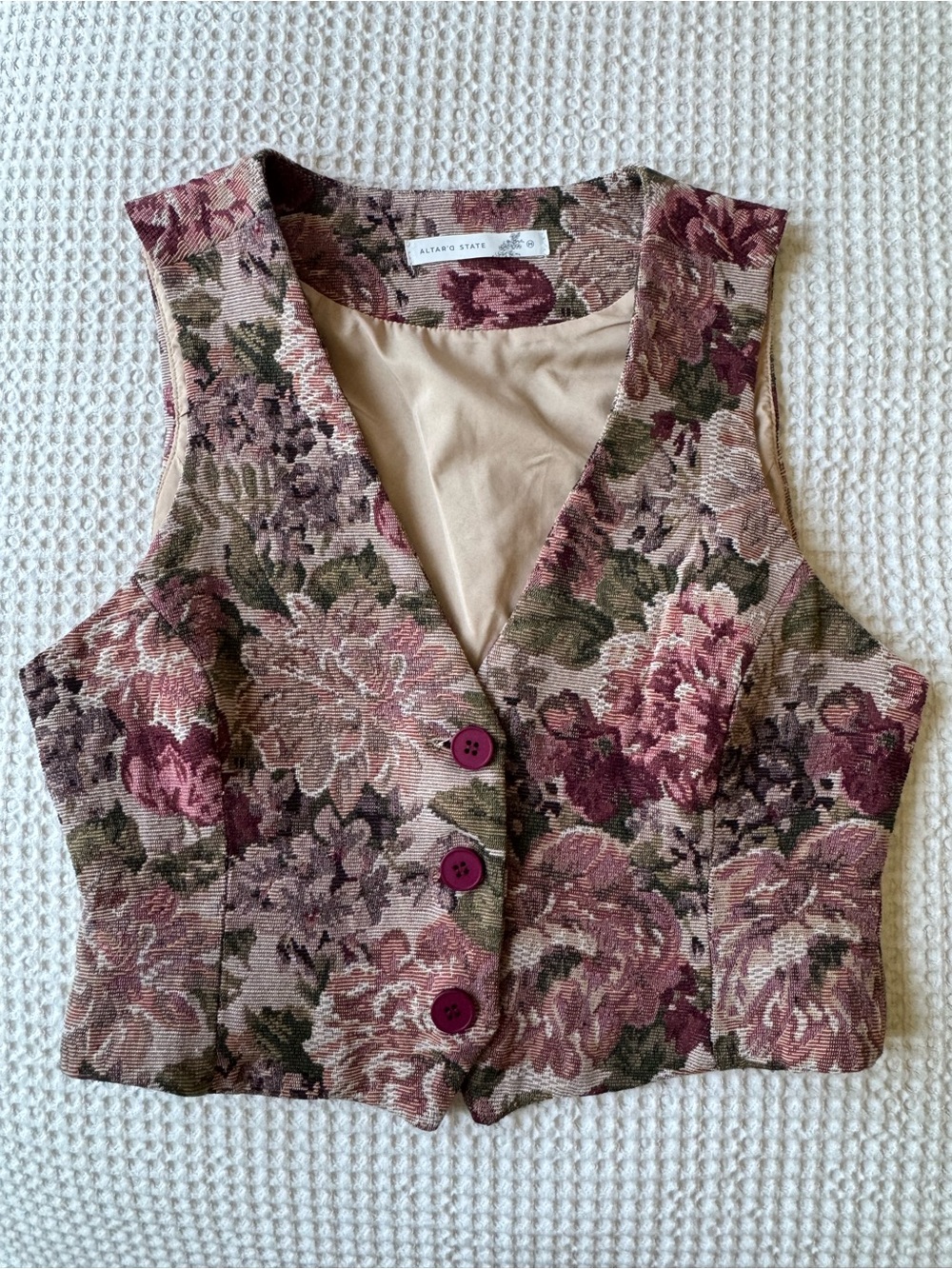 Altar'd State Floral Tapestry Vest in Pink and Olive